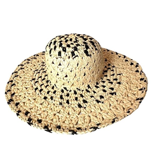 NWT Magid Hats Black & Neutral Straw Crochet Wide Brim Sun Summer Floppy Hat - Picture 2 of 12